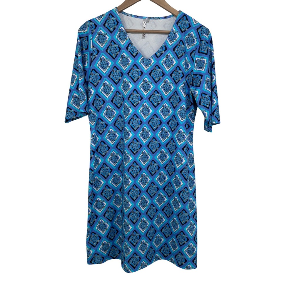 Lulu-B Blue Geometric Sea Turtle V-Neck Short Sleeve Dress Medium